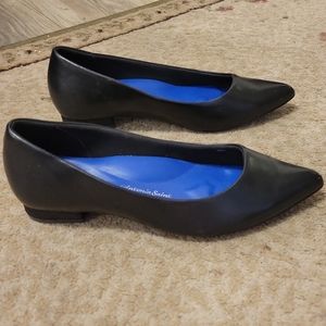 Antonia Saint Black low heel loafer. 11/16" heel. Leather upper.